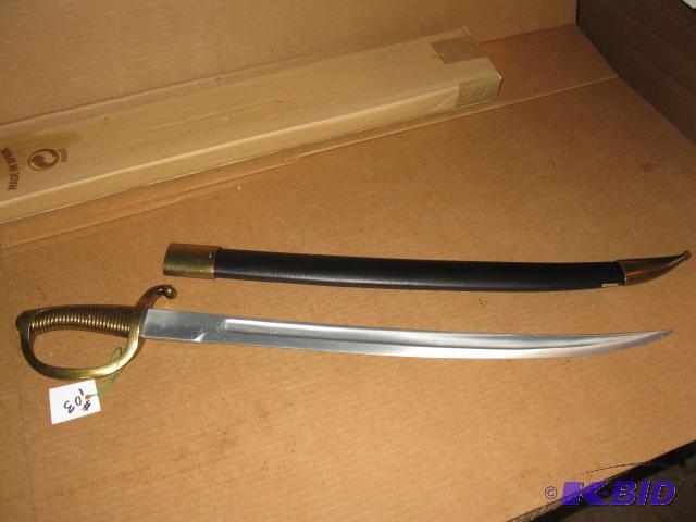 lot 103 image: Military sword with black sheath, 30 inches, ...