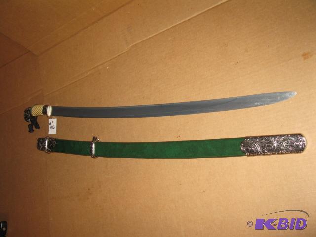 lot 106 image: Replica Sword with green sheath, new in box, ...