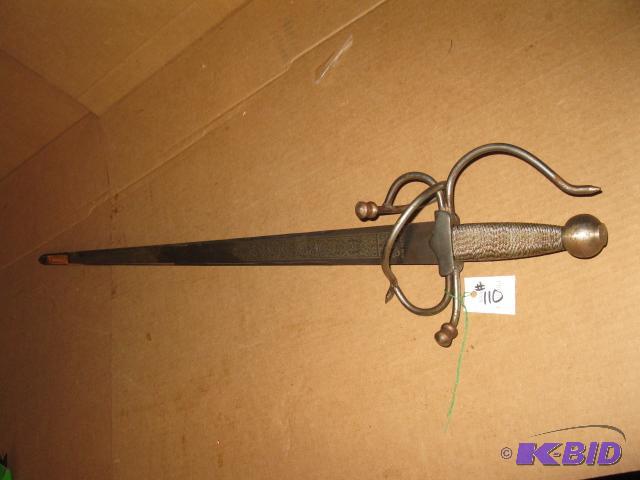 lot 110 image: Replica sword with engraved blade, 39 inches,...