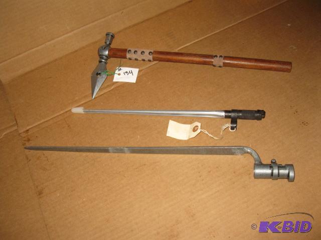 lot 134 image: 2 bayonets and a small battle axe replica...
