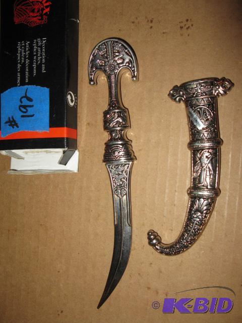 lot 192 image: Curved blade knife replica with metal sheath,...