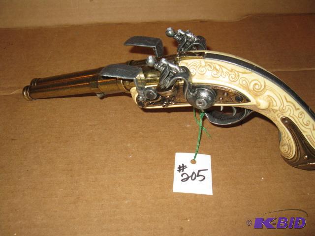 lot 205 image: replica double barrel black powder pistol, wo...