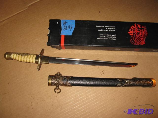 lot 214 image: Replica knife with black metal sheath, 16 inc...