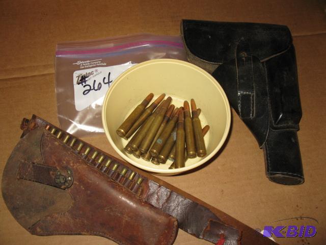 lot 264 image: 2 leather holsters, ammo belt, and approx 15 ...