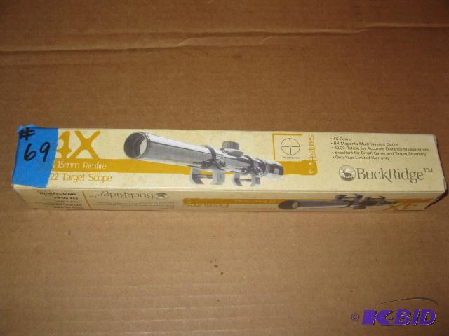 lot 69 image: BuckRidge 4x15mm .22 target scope, new in box...