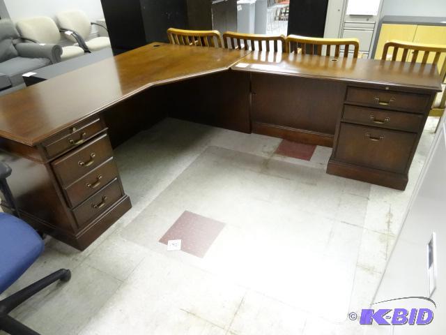 lot 181 image: L Shaped Office Desk. 2 Piece, Wood, 6 Drawer...
