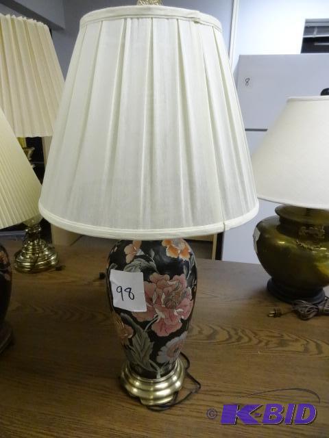 lot 98 image: Decorative Brass Table Lamp with Flower Paint...