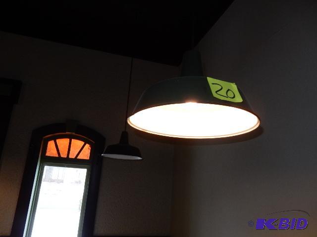 2 metal and porcelain hanging lamps. 18 in di...