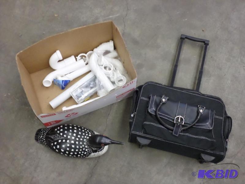 lot 53 image: Box Lot Misc Plumbing, Wood Loon, Suitcase...