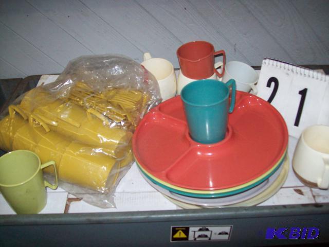 lot 21 image: Plastic Camping Dishes, Plates, Cups Silverwa...