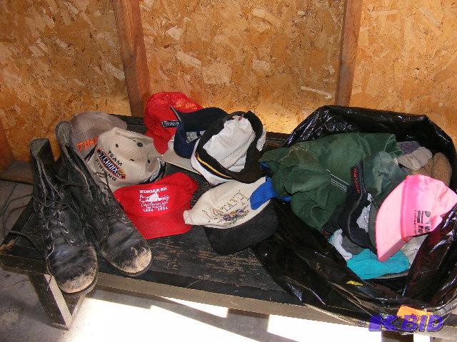 misc hats, pair of boots, gloves...