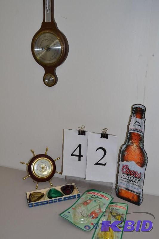 lot 42 image: Temp & baramiter, coors light, ashtrays, football fishing lures