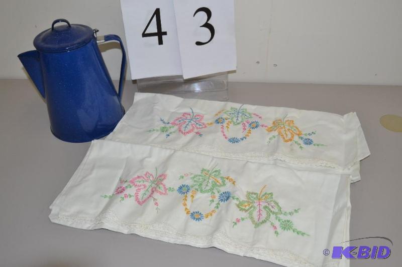 lot 43 image: Blue enamel coffee pot, set embroidered pillow cases