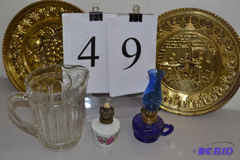 lot 49 image: Mini oil lamps, pitcher, wall hangings