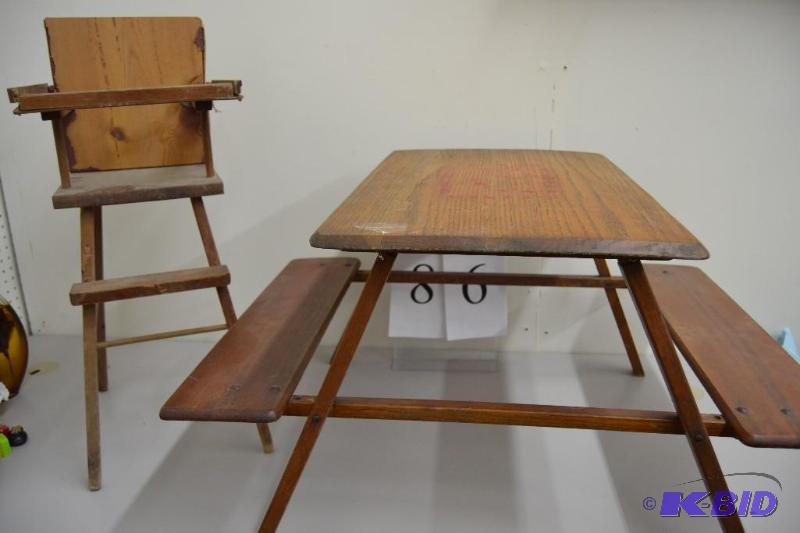 lot 86 image: Vintage Doll picnic table and high chair