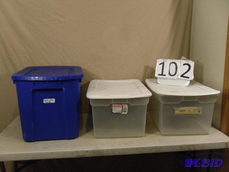 lot 102 image: Lot of 3 Assorted Totes with Lids. All need c...