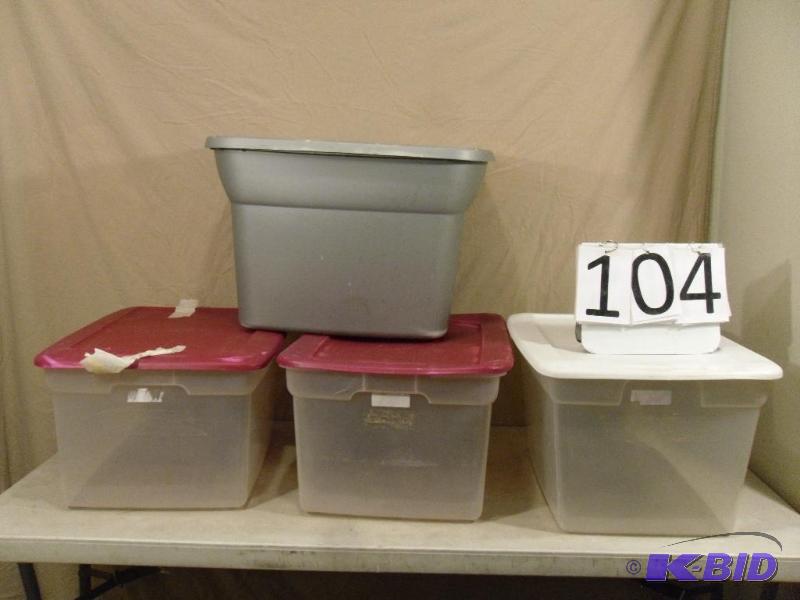lot 104 image: Lot of 4 Assorted Totes. All need cleaning. S...