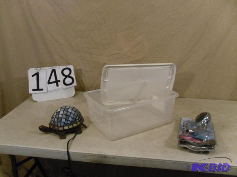 lot 148 image: Small Tote with Lid, New Shower Sprayer, and ...