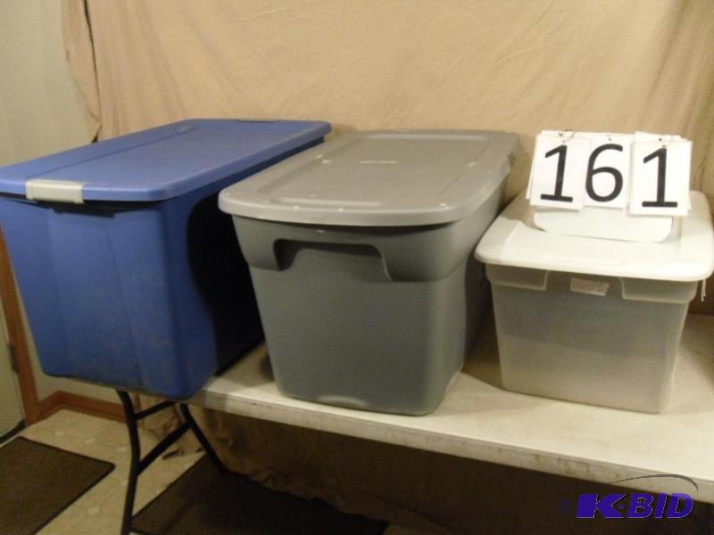 lot 161 image: Lot of 3 Assorted Totes with Lids. May have s...