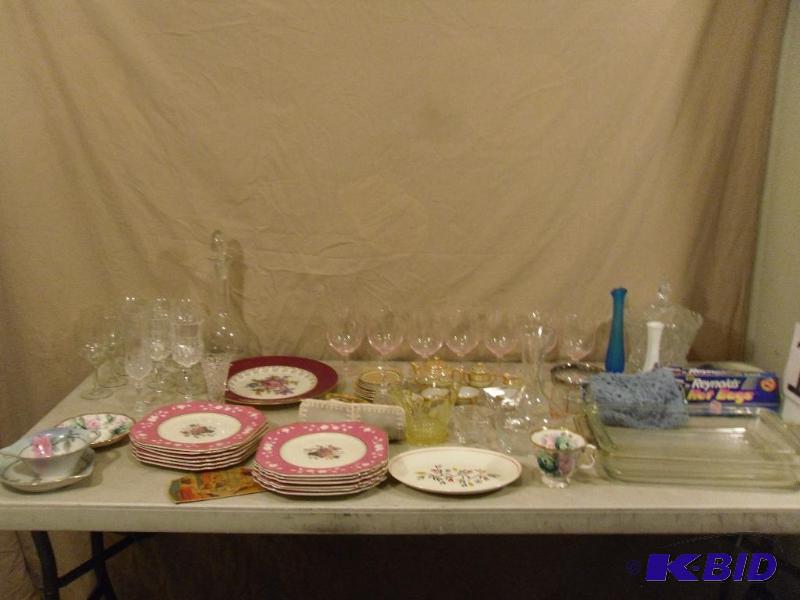lot 171 image: Glass Cake Pans, Stemware Sets, China Pieces,...