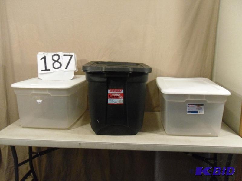 lot 187 image: Lot of 3 Assorted Totes with Lids. Some may h...