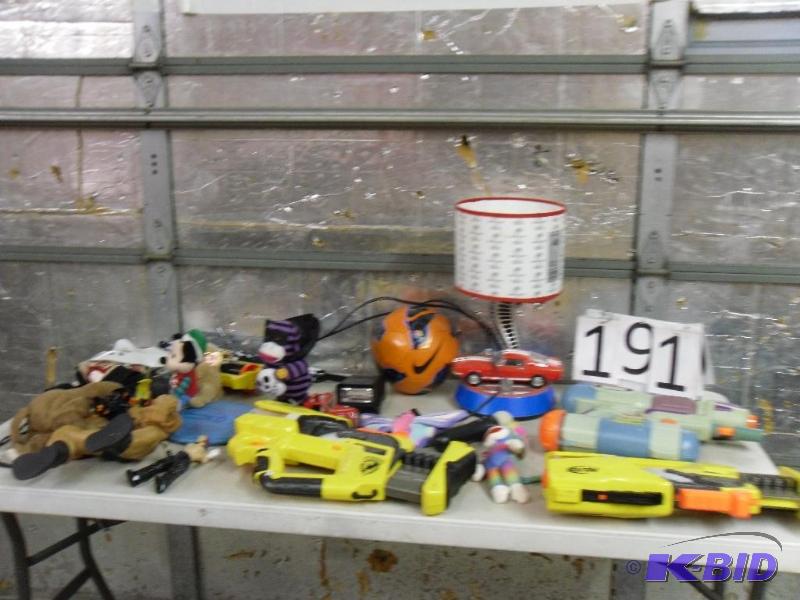 lot 191 image: Lot of Assorted Toys. Shelby Lamp, Nerf Guns,...