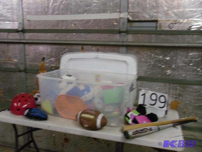 lot 199 image: Large Tote with Lid Filled with Bats, Ball, T...