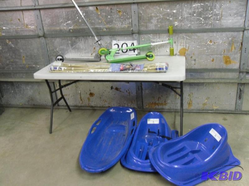 lot 204 image: 1 Big Sled, 2 Toddler Sleds, 2 Scooters, ...