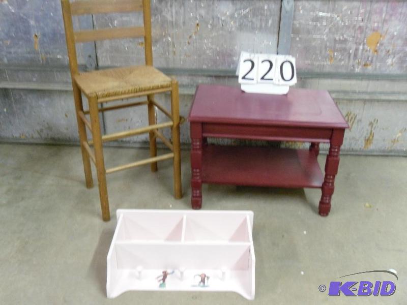 lot 220 image: Small Red Coffee Table, WickerWood Tall Stoo...