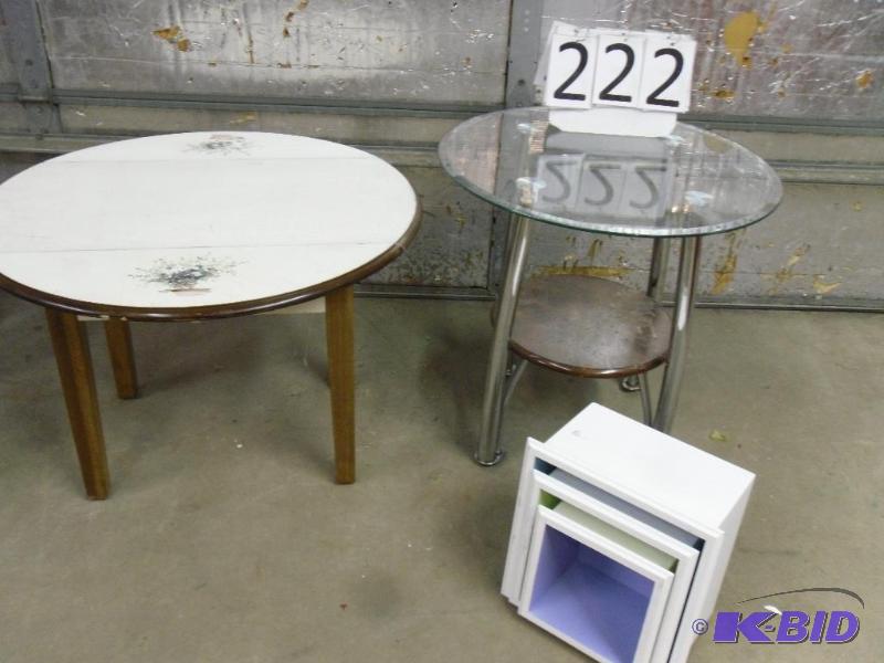 lot 222 image: MetalWoodGlass End Table, 3 Wall Shelf Boxe...