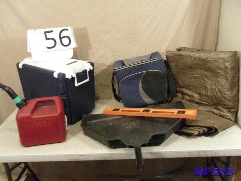 lot 56 image: Large tarp, coolers, level, giant dust pan, g...