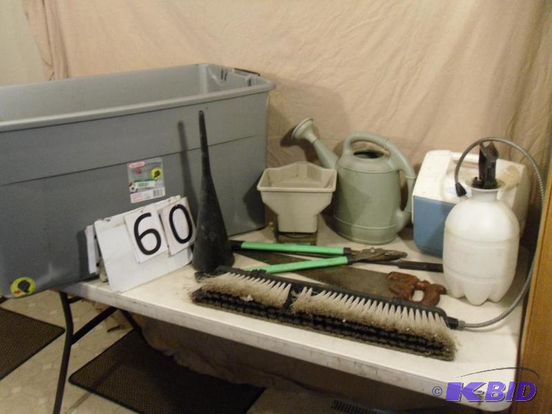 lot 60 image: Assorted tools. Cooler, lawn sprayer, seed sp...