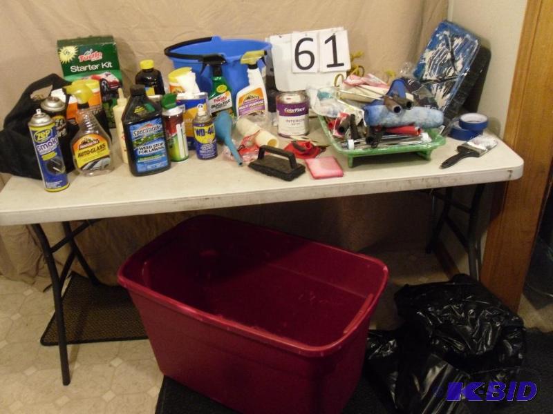 lot 61 image: Paint supplies, drop plastic, auto chemicals,...