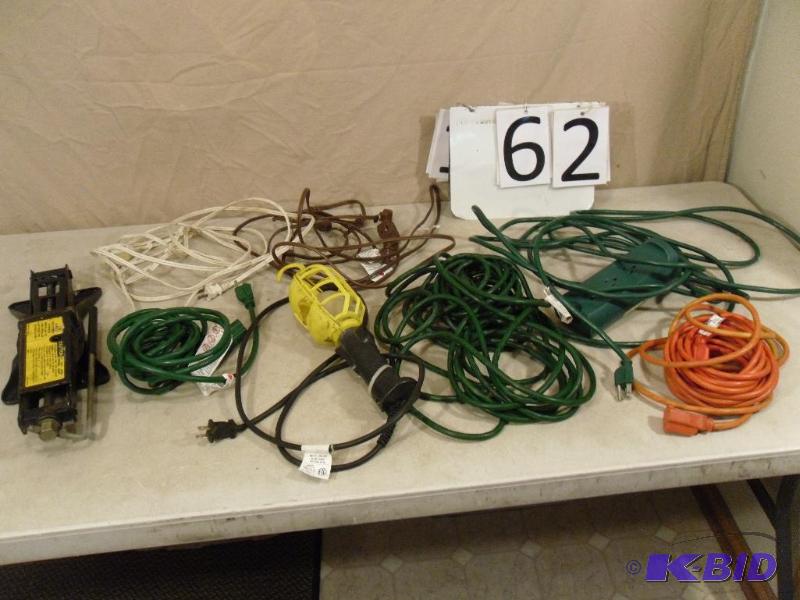lot 62 image: Assorted Extension Cords, Scissor Jack, and W...