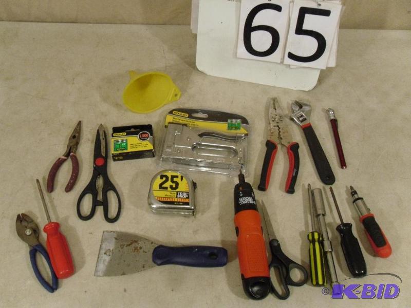 lot 65 image: Assorted tools. Staple gun, staples, screwdri...