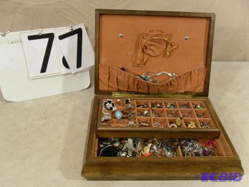 lot 77 image: Wood Jewelry Box FULL of Assorted Jewelry. De...