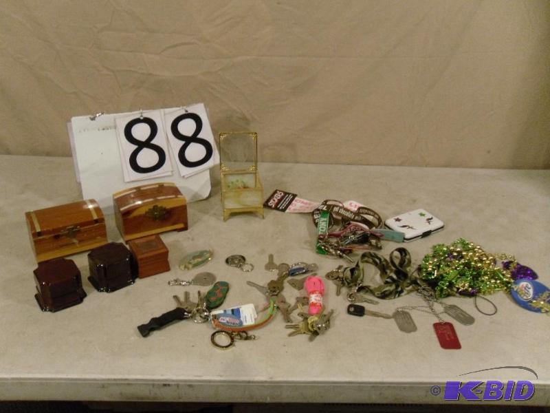 lot 88 image: Wood Treasure Chests, Wood Ring Boxes, Keys, ...