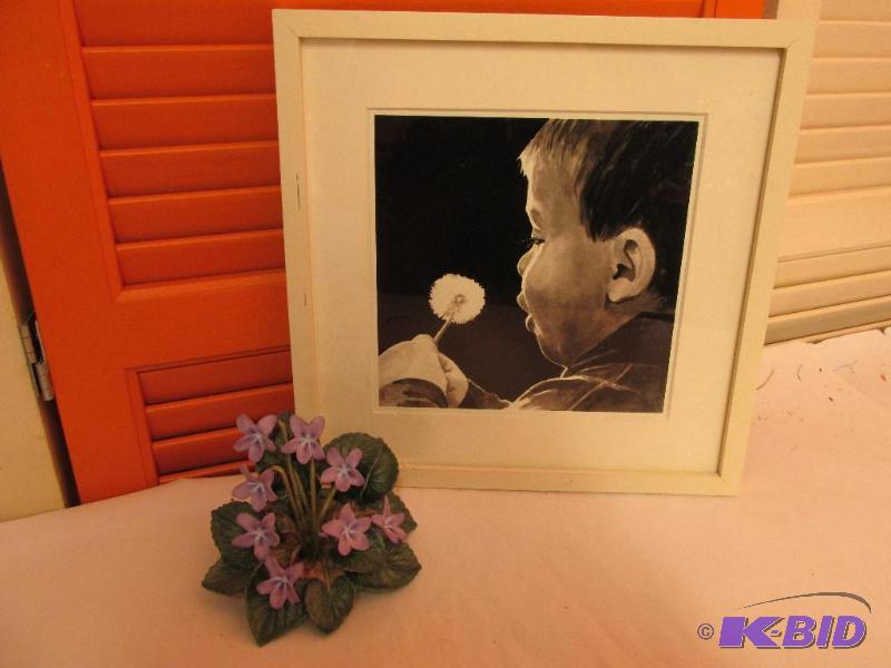 lot 41 image: Wonderful Water Color Picture (Print) of a Little Boy Blowing on a Dandelion  Porcelain Flowers