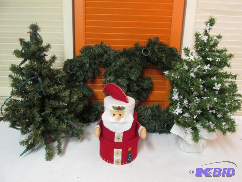 lot 54 image: Wreaths, Votive Holders, Santa Box, and Trees