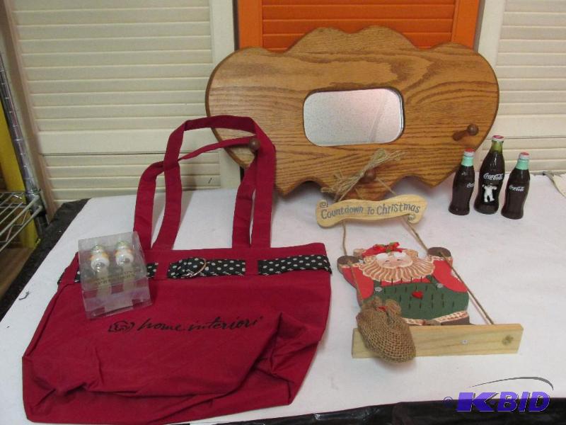 lot 60 image: Mirror with Pegs, Home Interiors Bag, Hors Doeuvres Knives, Coca Cola, and Count Down Calendar