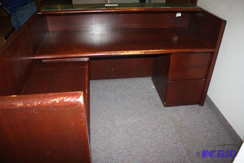 lot 1053 image: Wooden Office Secretary Desk wGrainteMarble Inset L-Shaped.