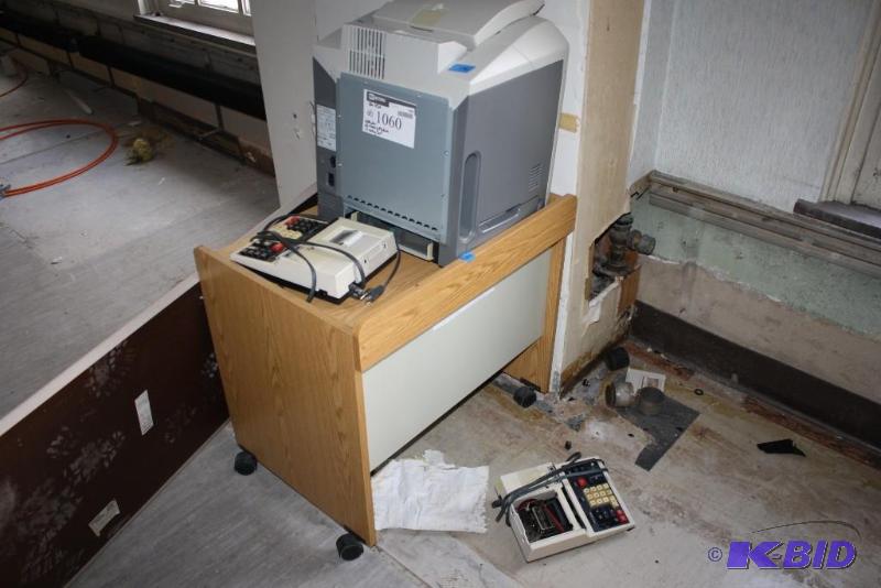 lot 1060 image: Lexmark Printer, Wooden Rolling Cart, Calculator, And More.