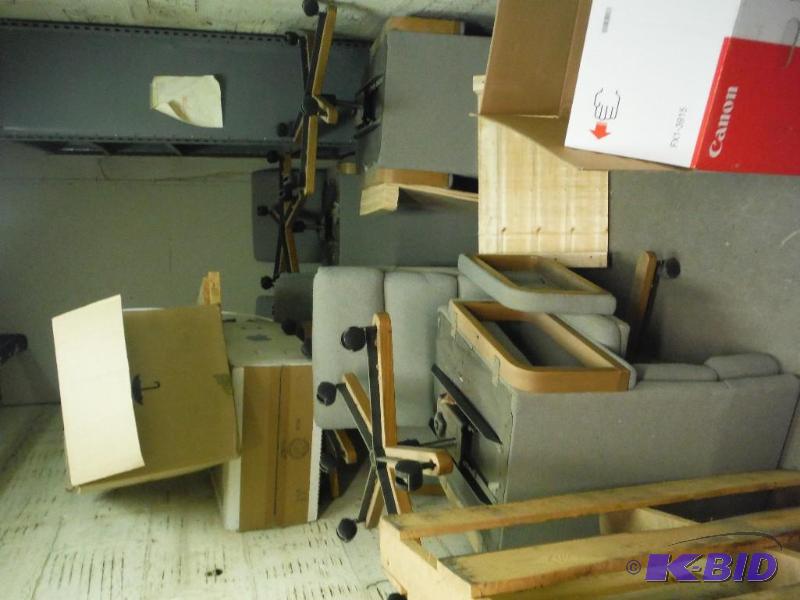 lot 1596 image: Office Chairs, Pallet, Shelving Unit, And More.