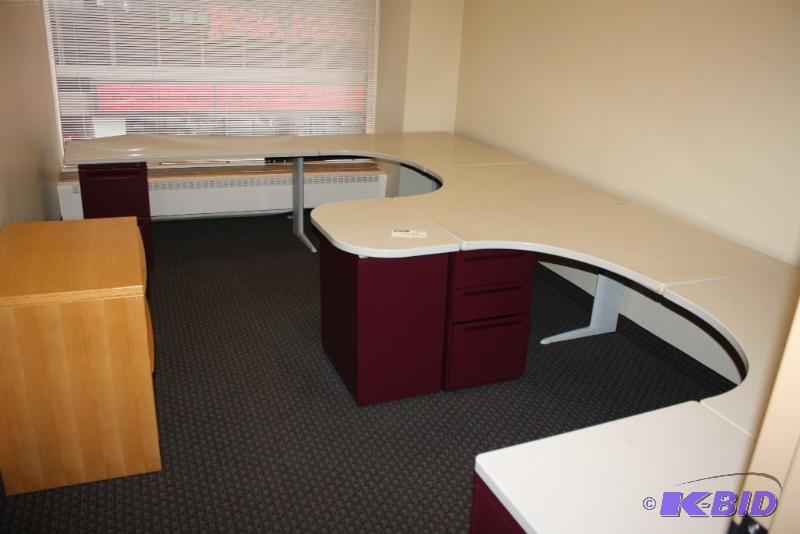 lot 1639 image: 8-Piece Double-U Shaped Desk & Wooden Storage Unit