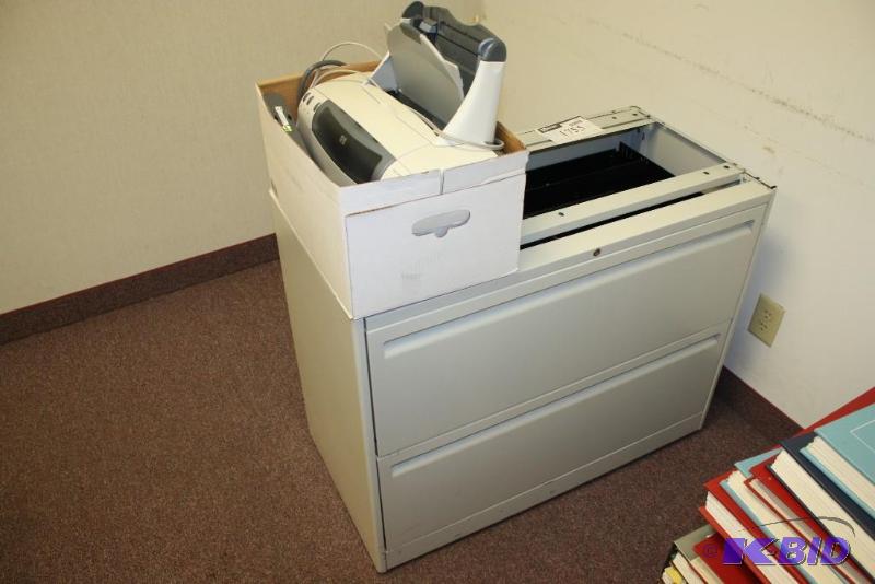 lot 1755 image: Storage Cubby Lot wBox Lot Including Printor, Monitor, Wooden Storage Unit, And More.