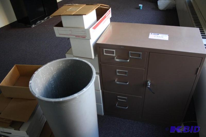 lot 1868 image: Office Lot Including Garbage Cans, Filing Cabinet, Boxes, And More.
