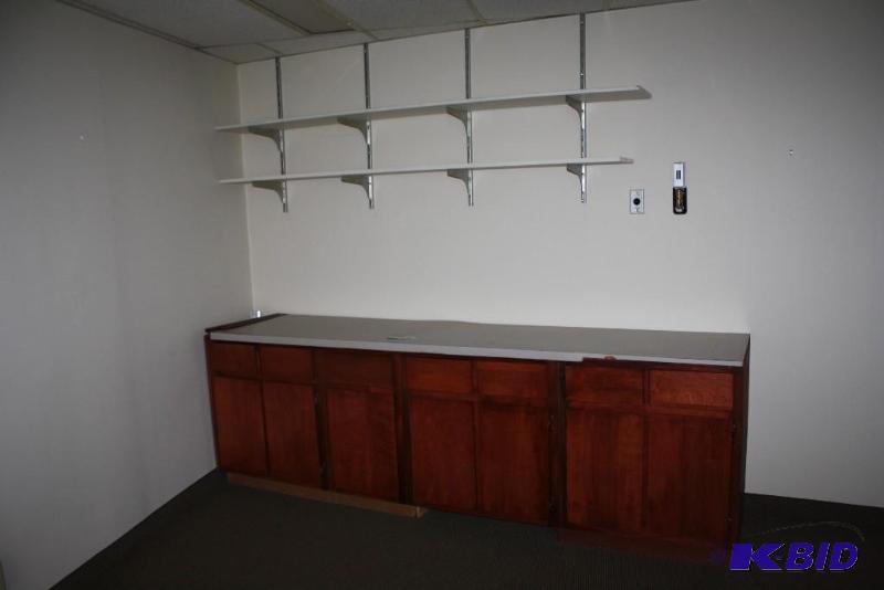 lot 1870 image: Corner Lot Including Mounted Shelving Units & Wooden Cabinet Unit