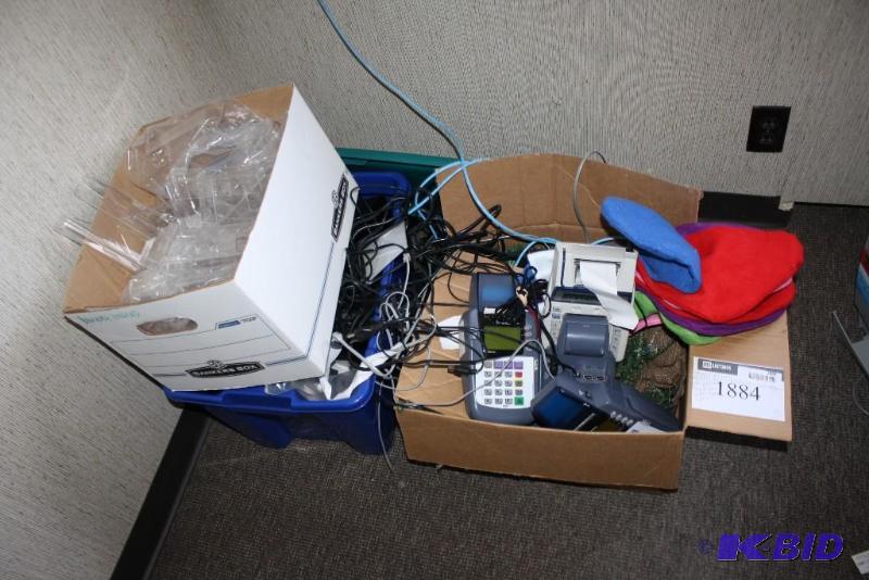 lot 1884 image: Box Lot of Electronics Including Vital Verifone Credit Card machines, Colored Stockings, And More.
