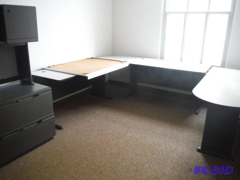 lot 1896 image: Contents of Room Including Desks, Shelving Unit, White Board, And More.