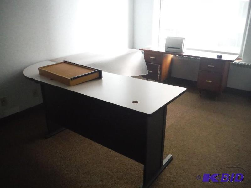 lot 1917 image: Office Desks, Printer, & Plastic Sheet For Office Chairs To Roll On